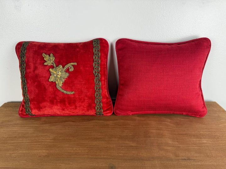 Pair of Petite Red Velvet Pillows with 19th-Century Metallic Appliqués