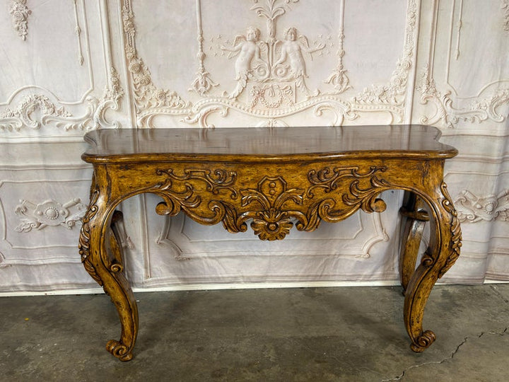 Italian Rococo Style Hand- Carved Walnut Console Table