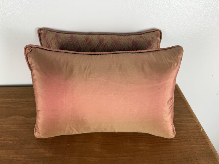 Pair of Authentic Fortuny Pillows in Coral and Gold Geometric Pattern