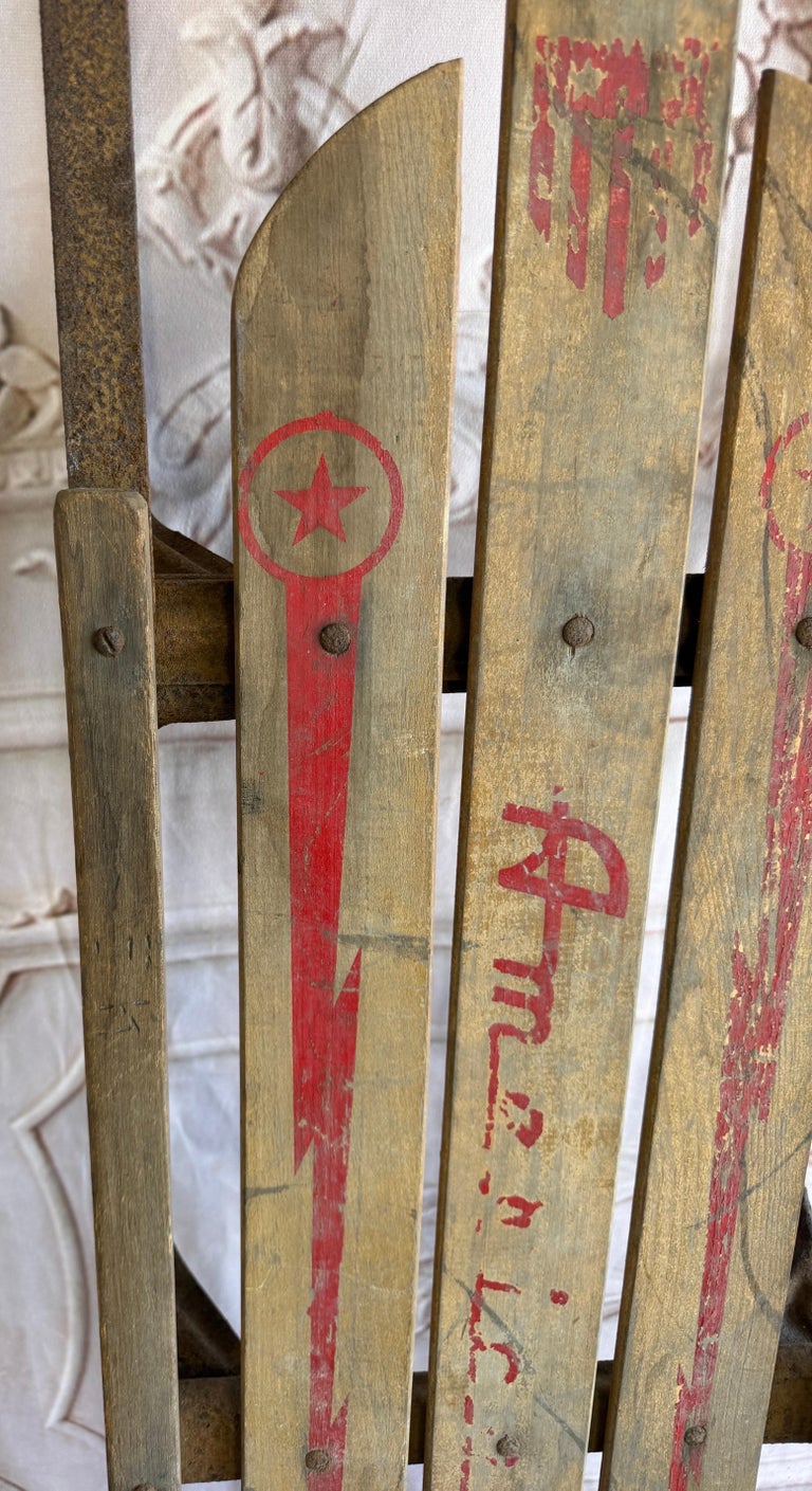 Antique American Wooden Sled with Original Red Graphics