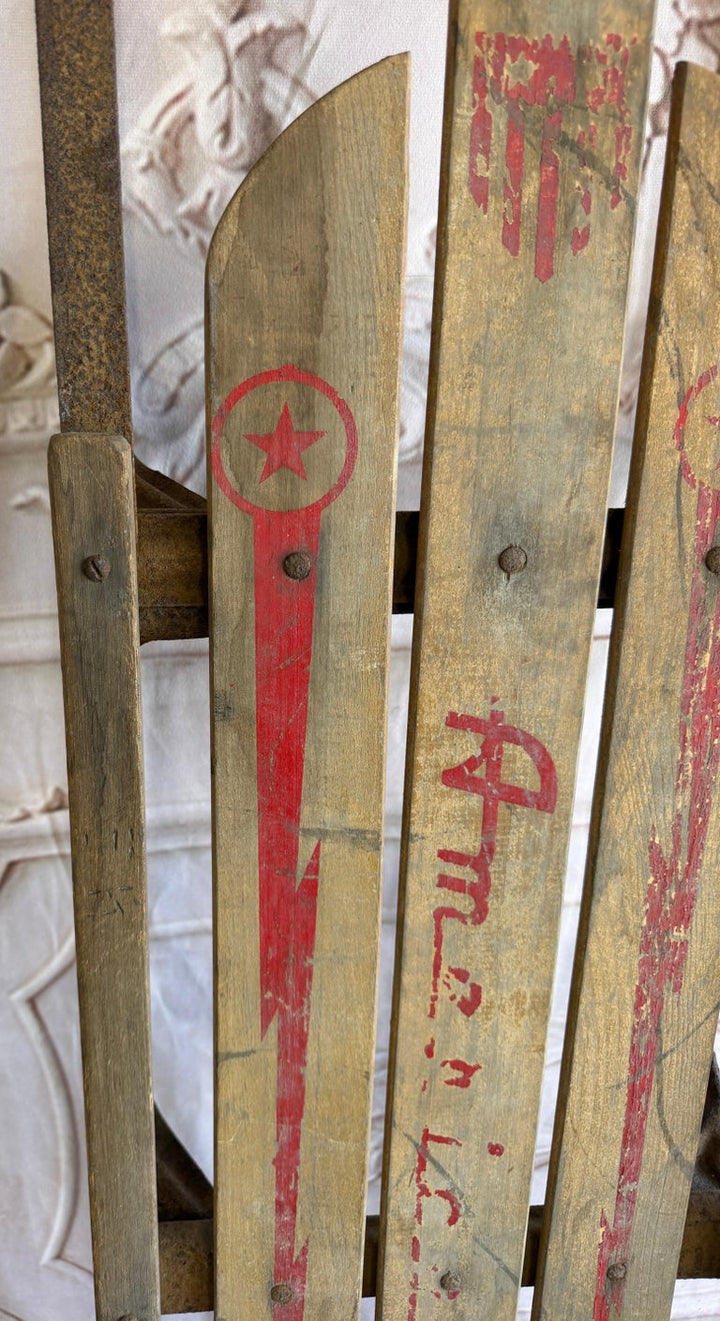 Antique American Wooden Sled with Original Red Graphics