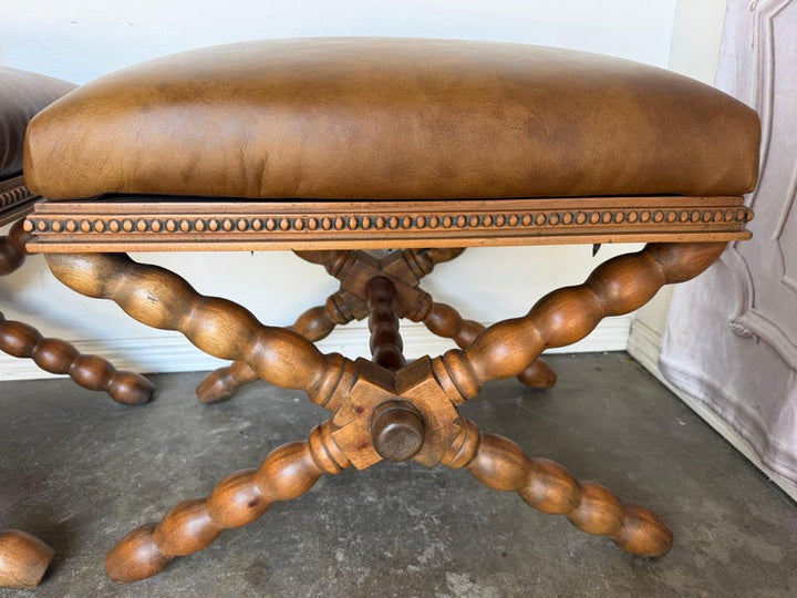 Pair of Spanish Colonial Baroque Bobbin - X-Base Stools with Distressed Leather