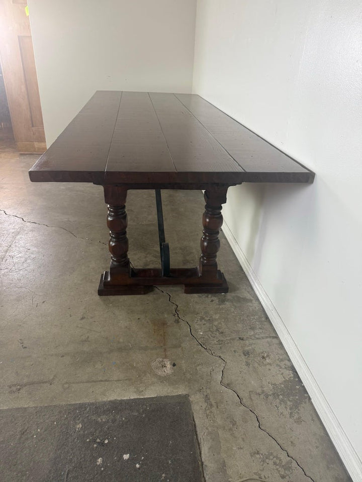 Monumental Spanish Revival Style Walnut Trestle Dining Table with Hand-Hewn Top