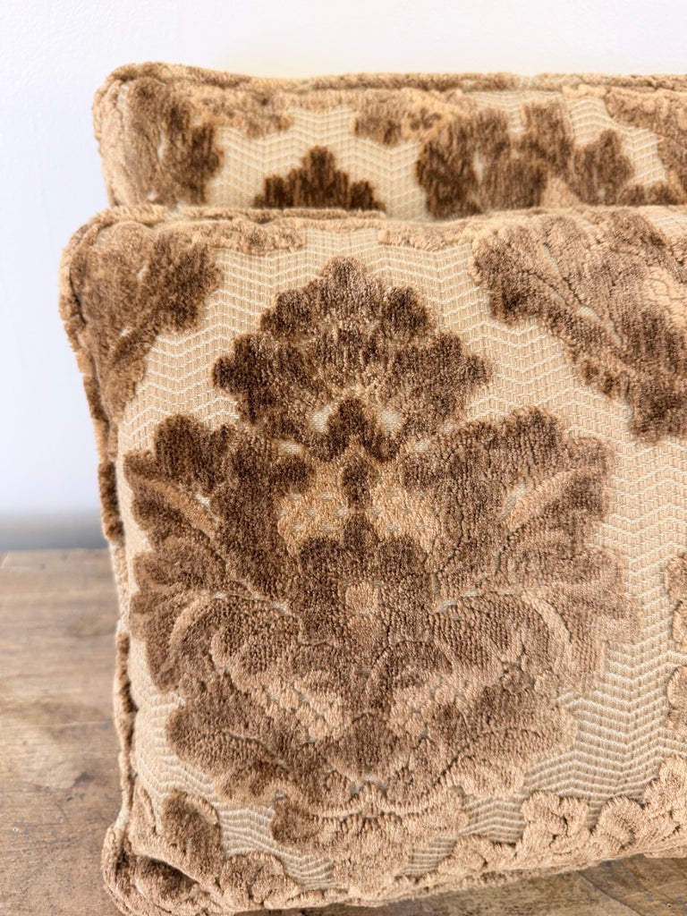 Pair of Cut Velvet Lumbar Pillows, Taupe-Brown Damask, Antique Style