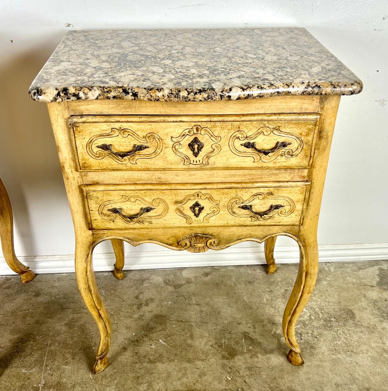 Pair of French End Table w/ Drawers and Granite Tops C. 1930's