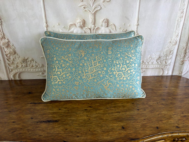 Pair of Venetian Aqua and Gold Fortuny Textile Lumbar Pillows