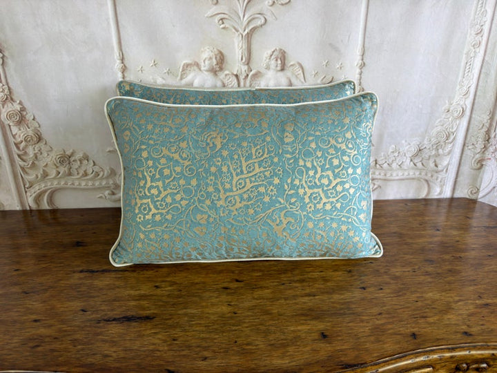 Pair of Venetian Aqua and Gold Fortuny Textile Lumbar Pillows