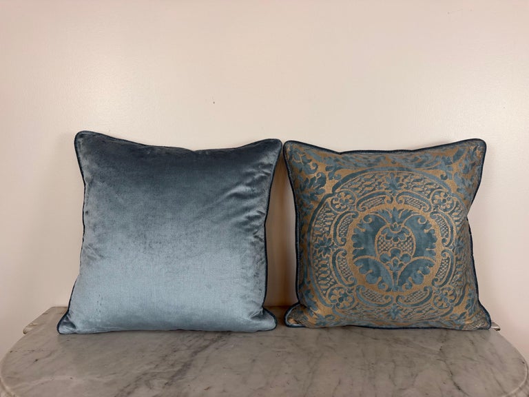 Authentic Fortuny Aquamarine Velvet &amp; Gold Pillows, Italy, 21st Century