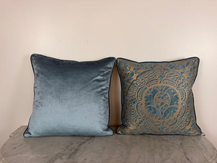 Authentic Fortuny Aquamarine Velvet &amp; Gold Pillows, Italy, 21st Century