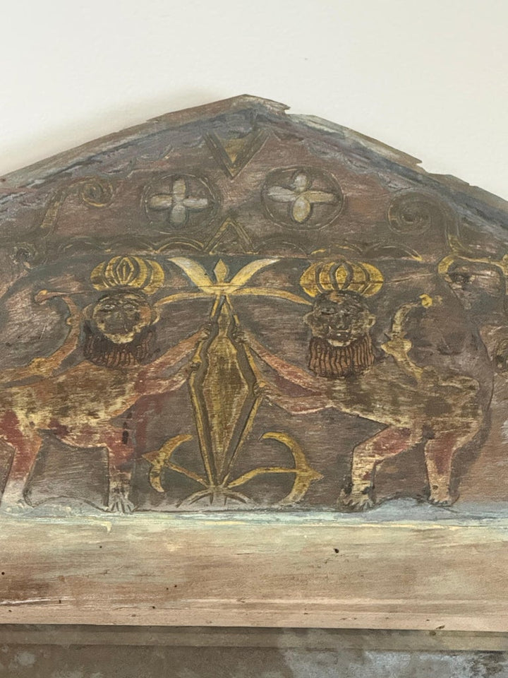 Pair of 19th Century Painted Folk Art Arched Mirrors with Heraldic Lion Crests