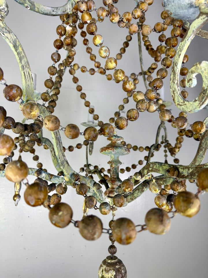 French Provençal Painted Iron Chandelier with Wooden Bead Garlands