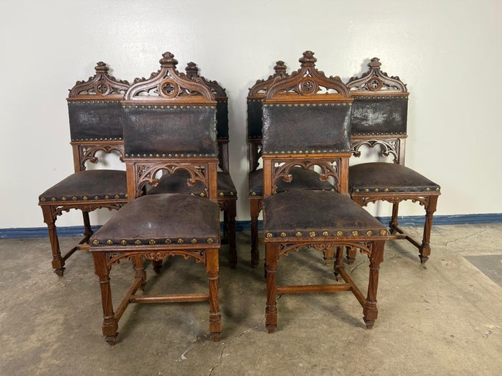 Set of Six 19th C. Gothic-Style Leather Dining Chairs