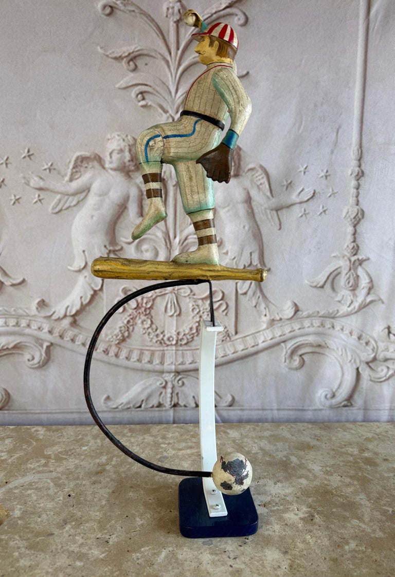 Vintage Folk Art Balancing Baseball Player Kinetic Sculpture