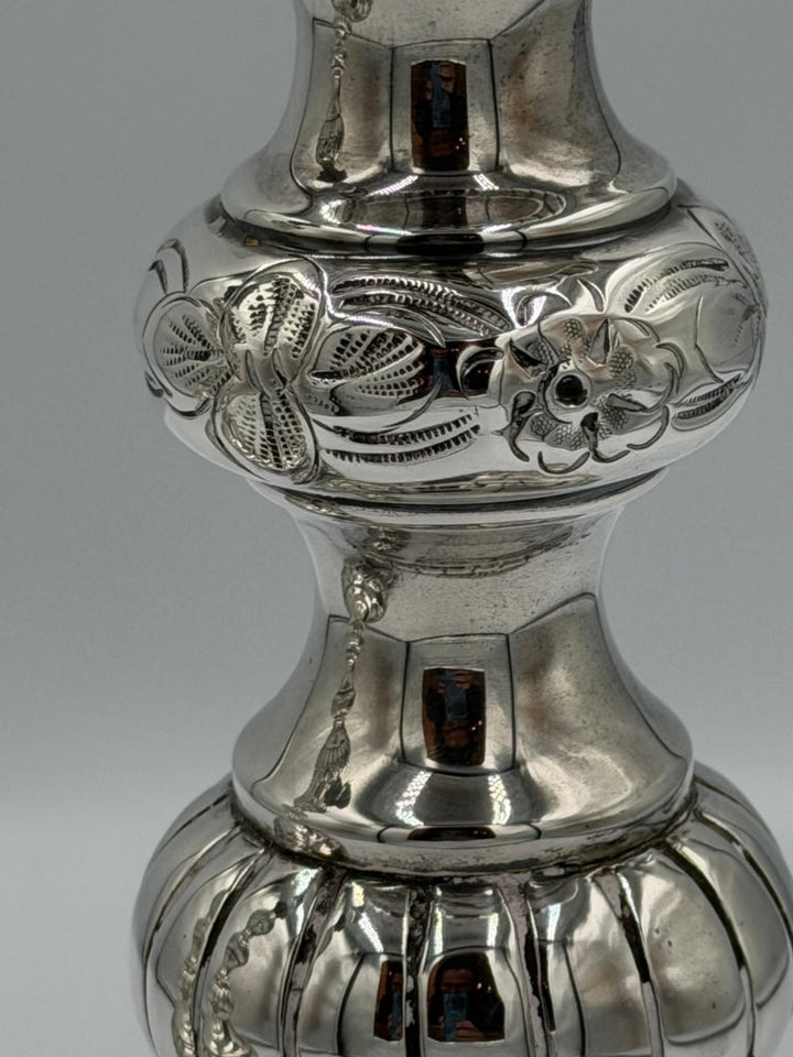 Pair of Antique Sterling Silver Baroque Revival Candlesticks with Repoussé