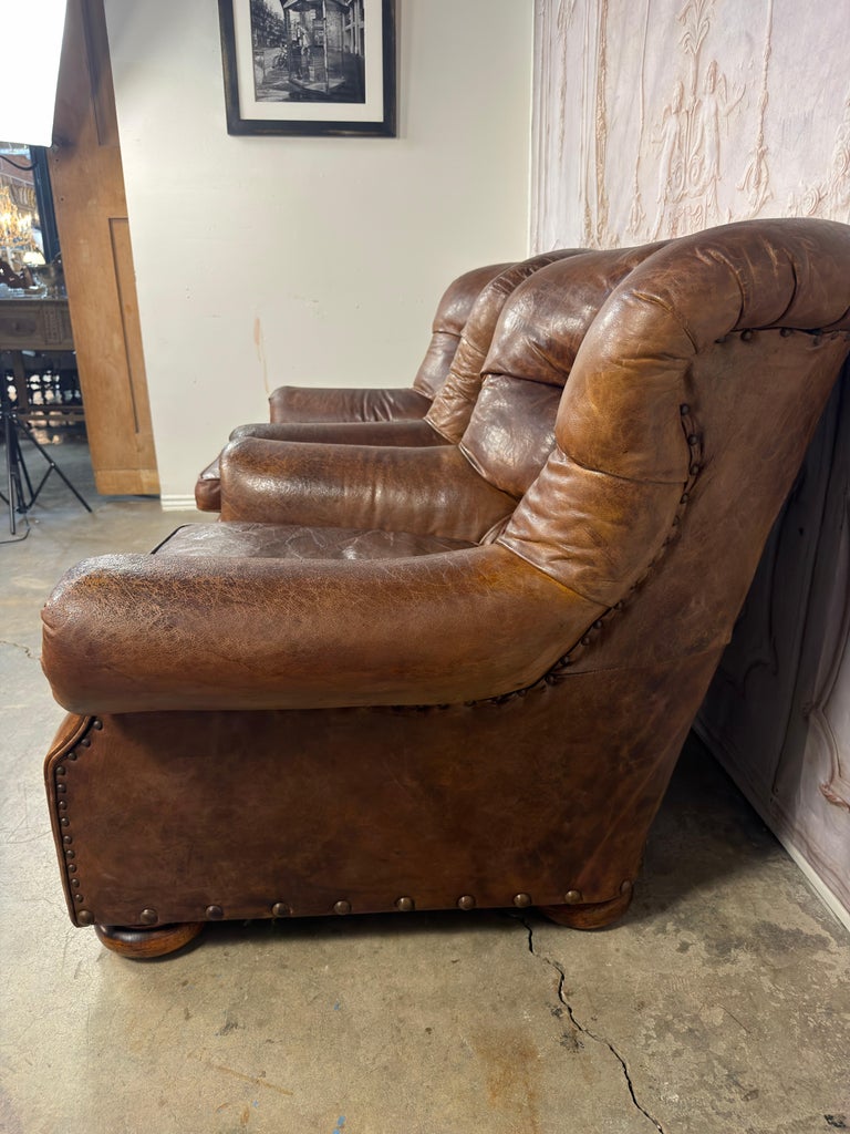 Pair of English Library Club Chairs in Hand-Finished Cognac Leather