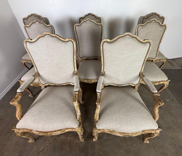 Set of Eight 18th-Century Style French Louis XV Carved & Giltwood Dining Chairs