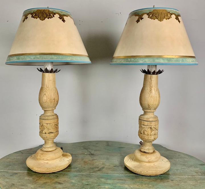 Pair of 19th Century Italian Candlestick Lamps with Custom Parchment Shades