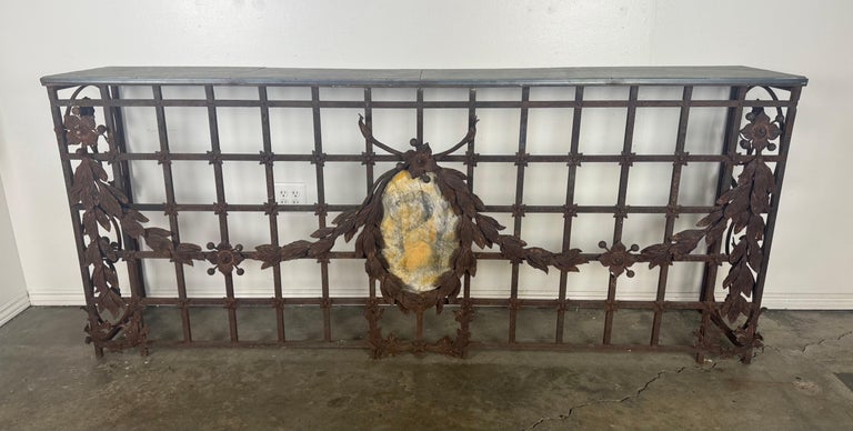 Monumental Hand-Wrought Iron Console with Stone Medallion and Classical Garlands