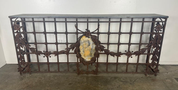 Monumental Hand-Wrought Iron Console with Stone Medallion and Classical Garlands