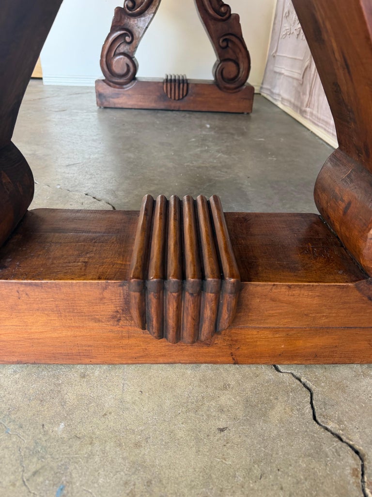 Spanish Colonial Revival Walnut Dining Table with Hand-Carved Scrollo