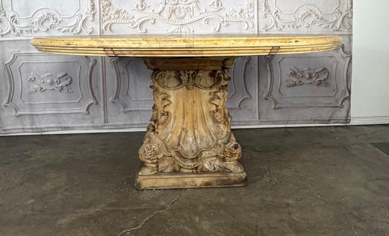 French Baroque Revival Round Dining Table, Distressed Wood C. 1900&