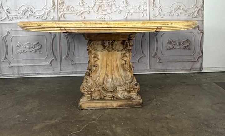 French Baroque Revival Round Dining Table, Distressed Wood C. 1900&