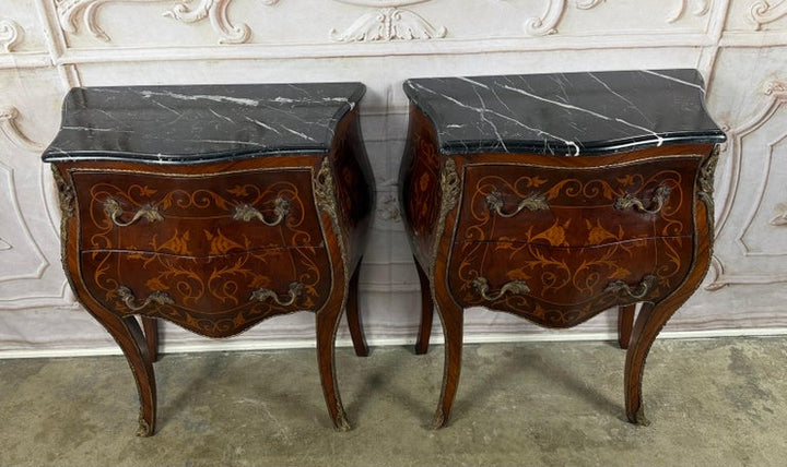 Pair of French Louis XV Style Bombe Nightstands - with Marble Tops