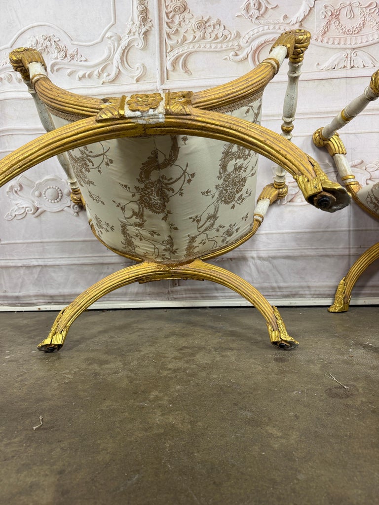 Pair of Italian Neoclassical Curule Stools w/ Fortuny Upholstery