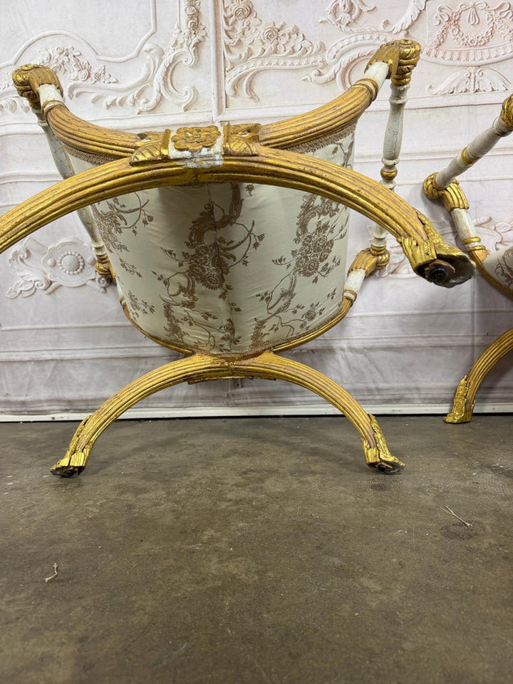 Pair of Italian Neoclassical Curule Stools w/ Fortuny Upholstery