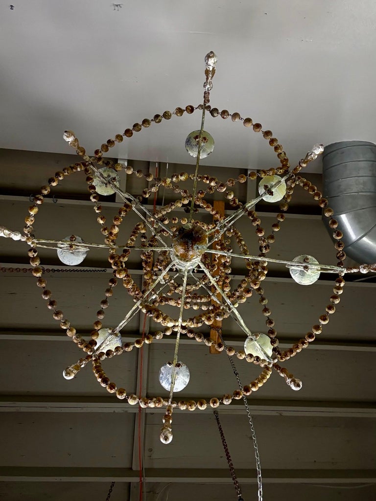 French Provençal Painted Iron Chandelier with Wooden Bead Garlands
