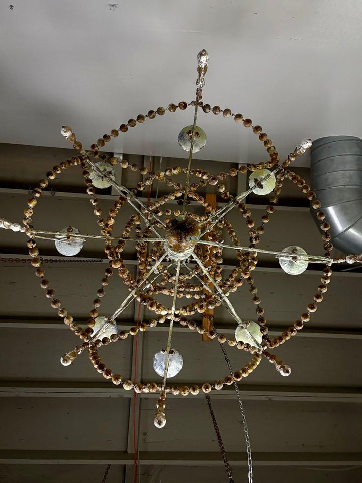 French Provençal Painted Iron Chandelier with Wooden Bead Garlands