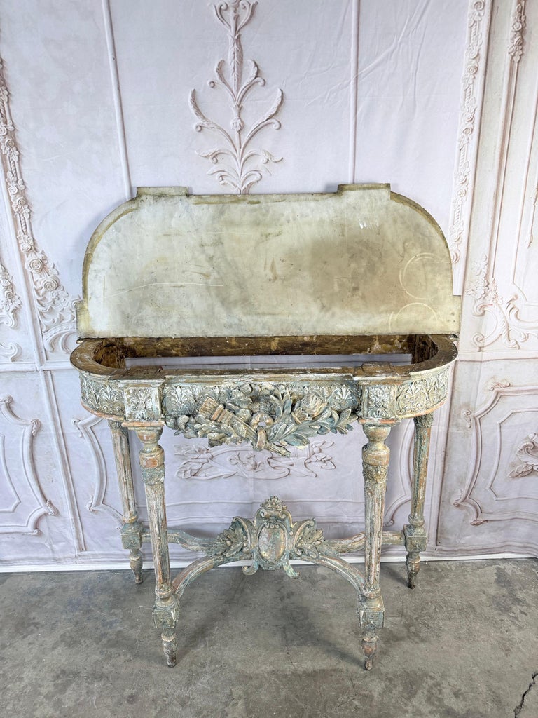 French Louis XVI Painted Gesso & Giltwood Console Table with Shaped Marble Top
