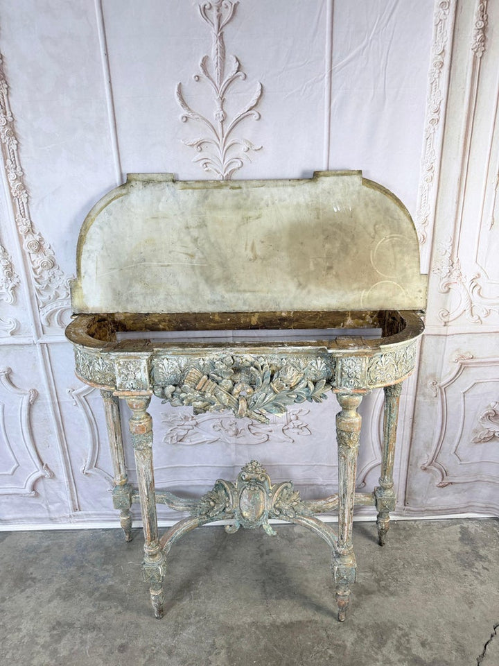 French Louis XVI Painted Gesso & Giltwood Console Table with Shaped Marble Top