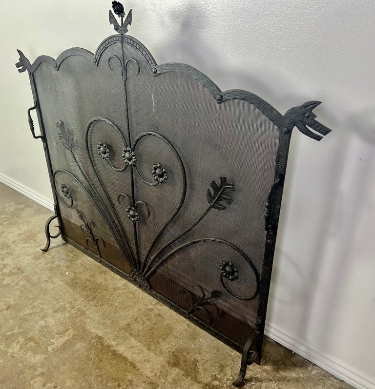 Wrought Iron Fireplace Screen w/ Cast Handles