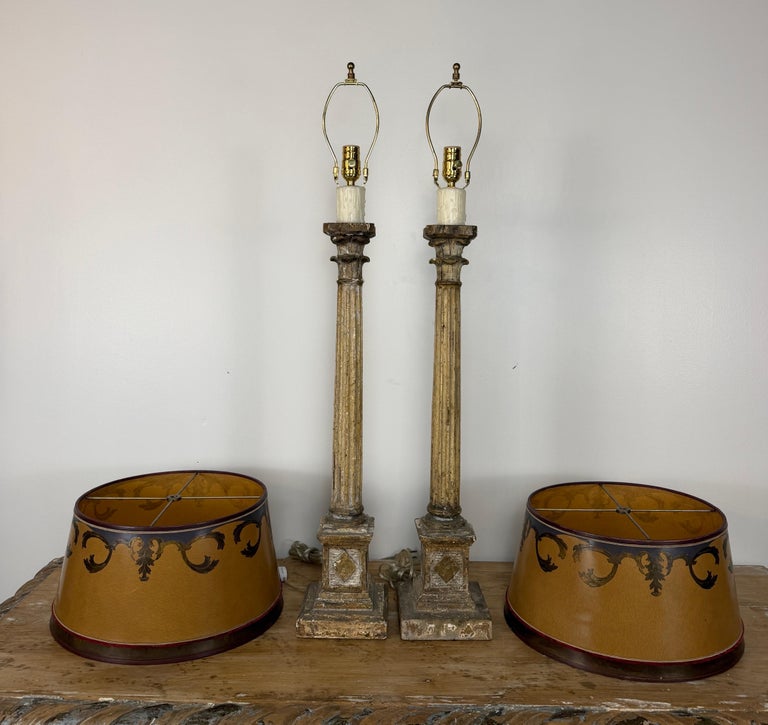 Pair of Italian Neoclassical Corinthian Column Table Lamps Distressed Giltwood