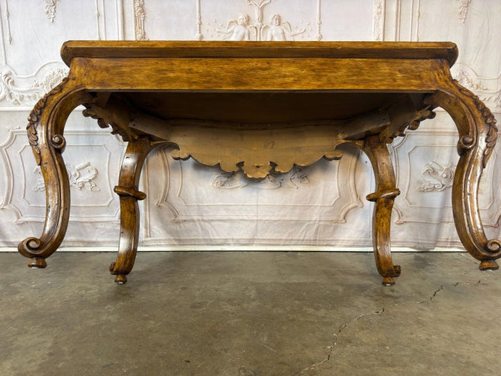 Italian Rococo Style Hand- Carved Walnut Console Table