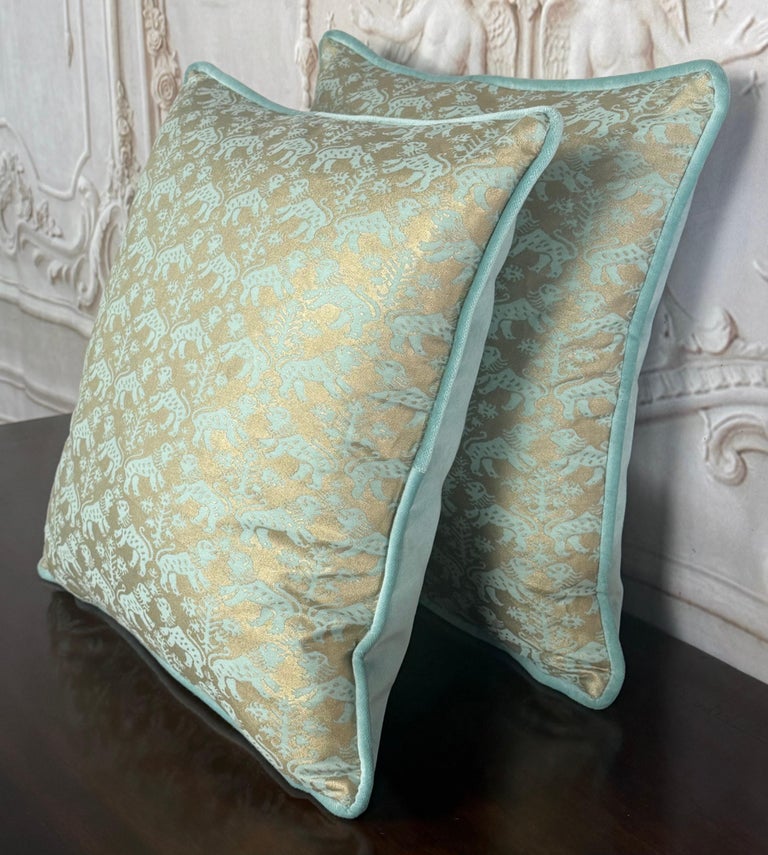 Custom Fortuny Decorative Pillows in Gilt Gold &amp; Aquamarine, Italy