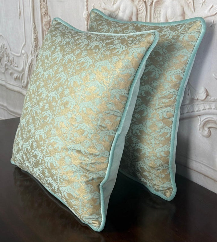 Custom Fortuny Decorative Pillows in Gilt Gold &amp; Aquamarine, Italy