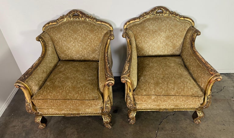 Pair of Italian Giltwood Armchairs with Damask Upholstery