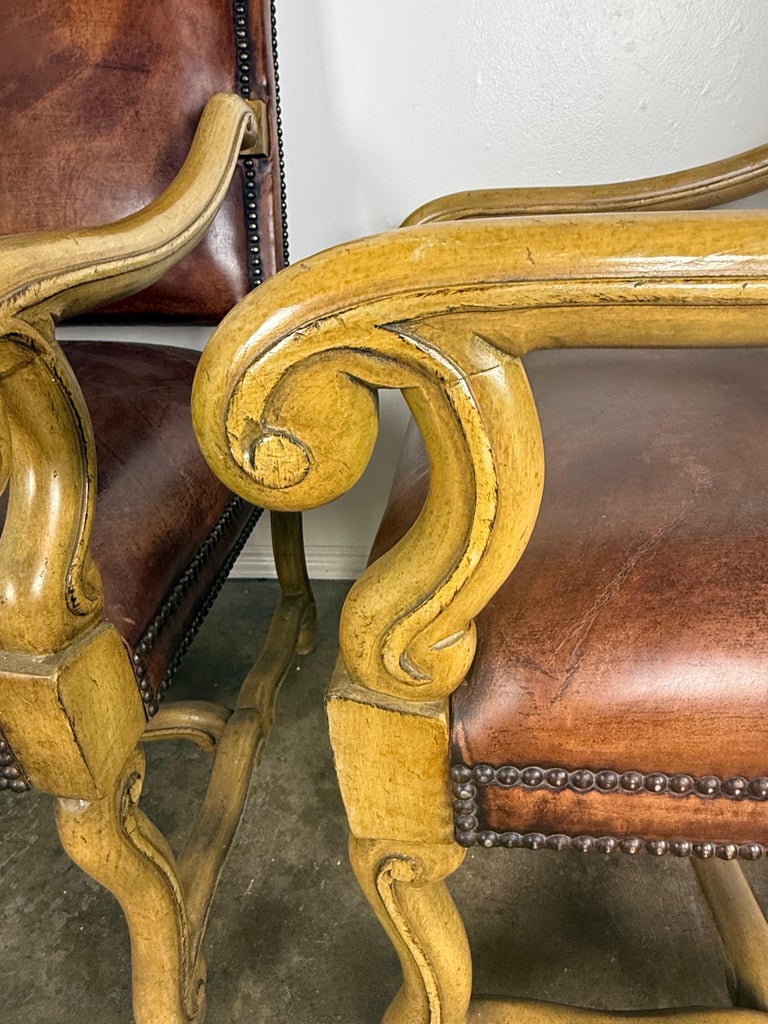 Pair of Mid-20th Century Italian Carved Armchairs with Leather Upholstery