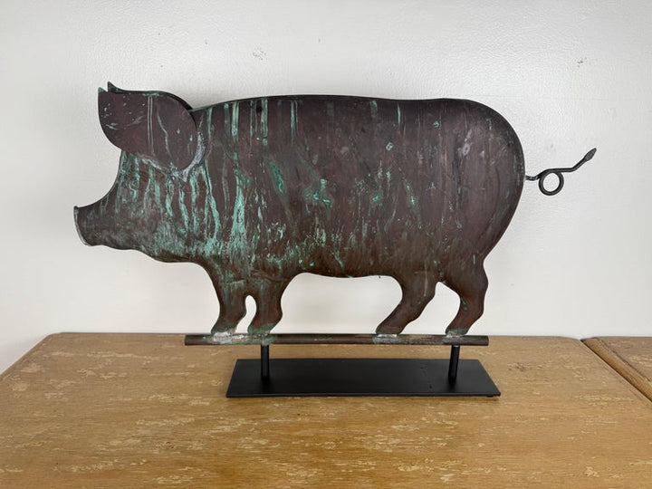 Antique Copper Pig Folk Art Weathervane on Custom Iron Stand