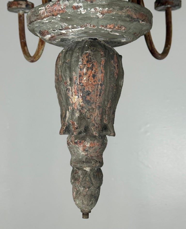 Antique European Painted Wood and Iron Six-Light Chandelier