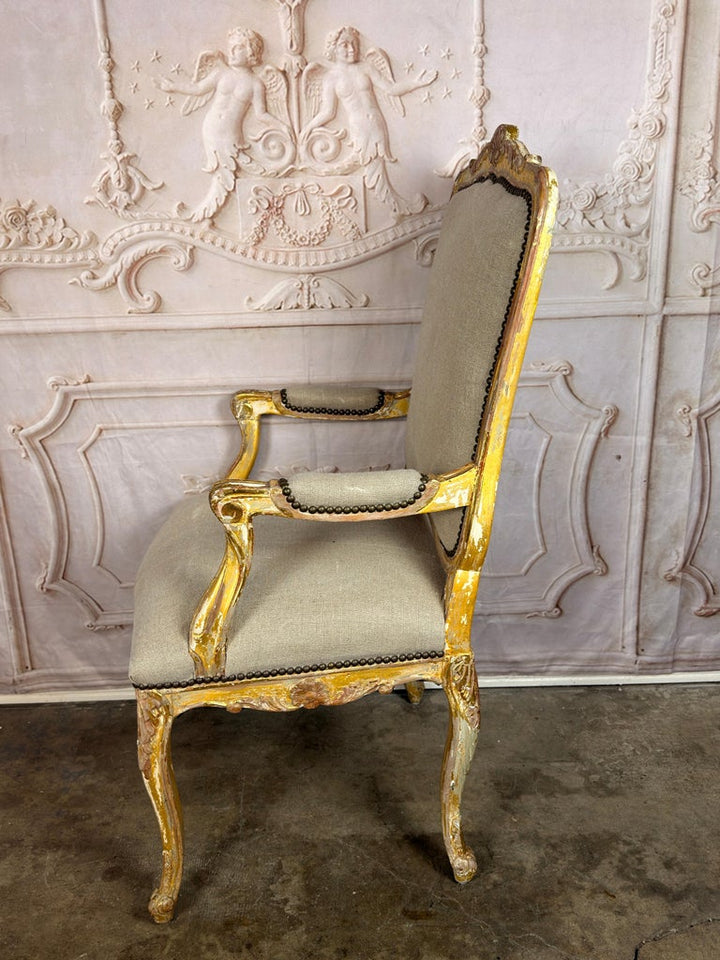 Set of 14 French Louis XV Style Gilt Dining Chairs with Linen Upholstery