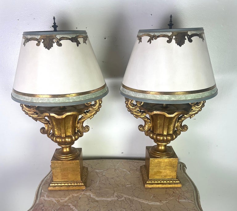 Pair of Giltwood Urn Neoclassical Style Lamps w/ Parchment Shades