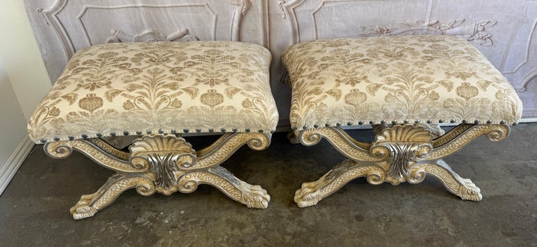 Pair of Italian Venetian Baroque Curule Stools - Hand - Carved Silvered Gilt