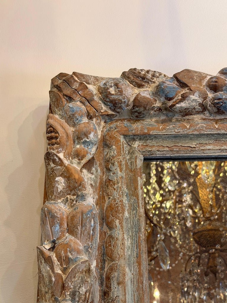 Antique French Carved Wood Mirror with Foliate Frame and Original Foxed Glass