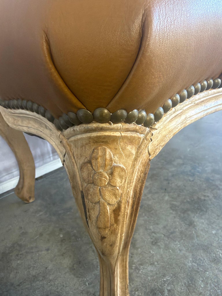 French Louis XV Style Tufted Bench - Caramel Leather