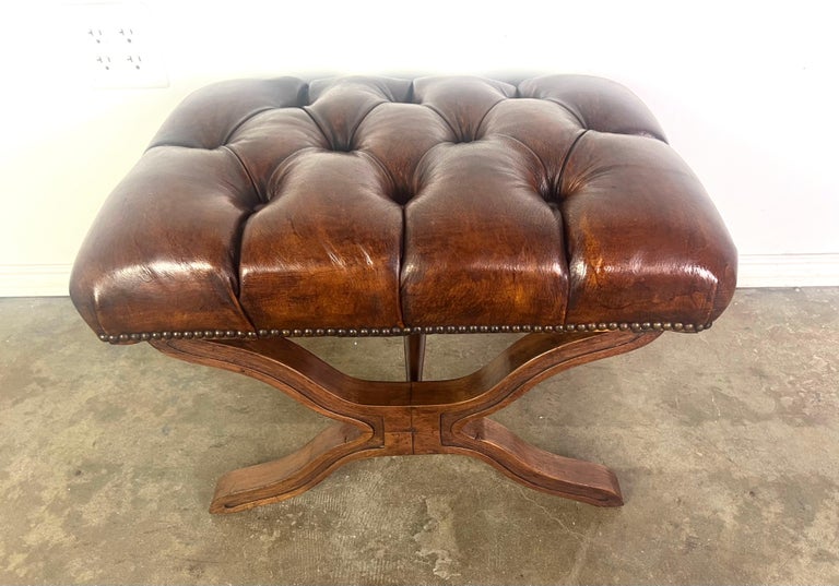 English Leather Tufted Bench C. 1940