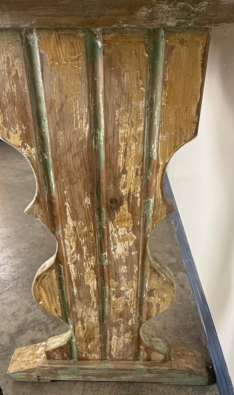 Weathered Swedish-Style Pine Console Table with Lyre-Shaped Supports