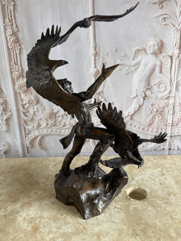 Monumental Bronze Sculpture of Native Warrior and Eagles, Dynamic Art